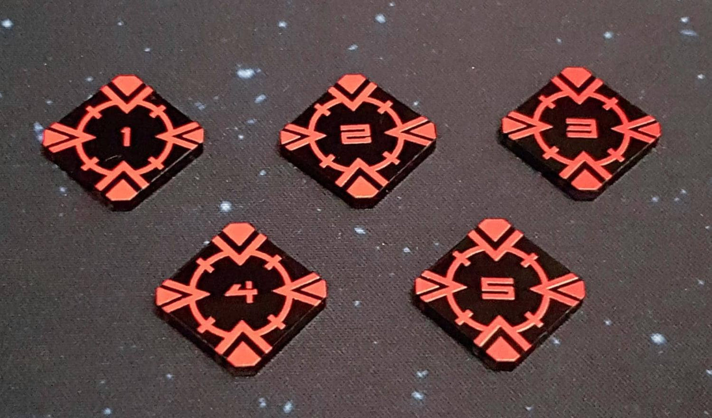 V2 Acrylic Colour Printed Target Lock Tokens 1 - 5 (Red) for Star Wars X-Wing