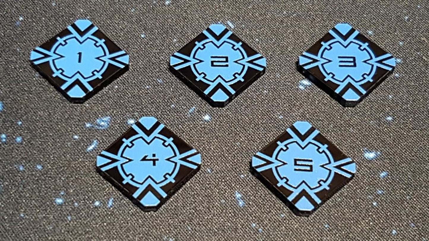 V2 Acrylic Colour Printed Target Lock Tokens 1 - 5 (Blue) for Star Wars X-Wing