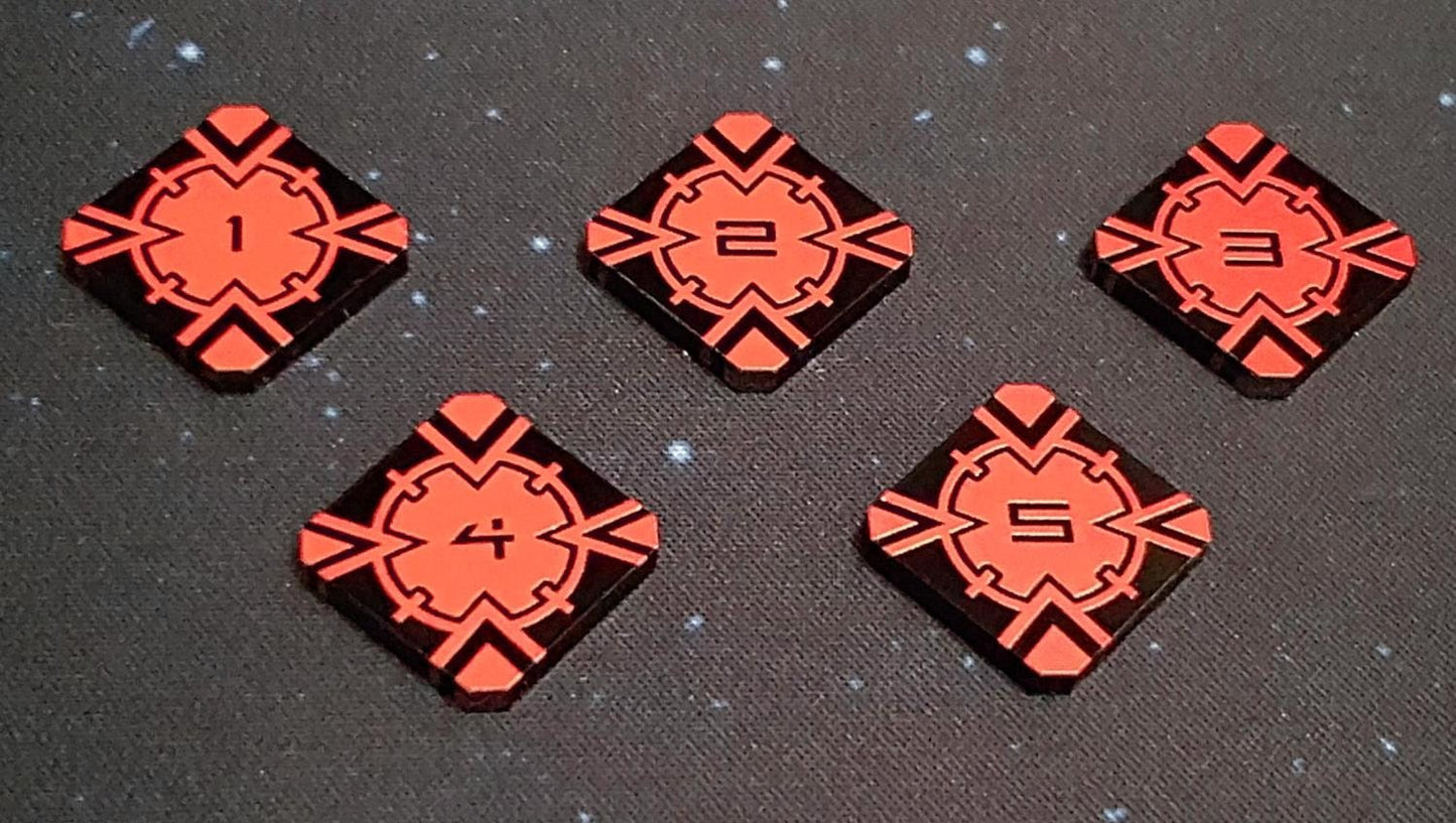 V2 Acrylic Colour Printed Target Lock Tokens 1 - 5 (Red) for Star Wars X-Wing