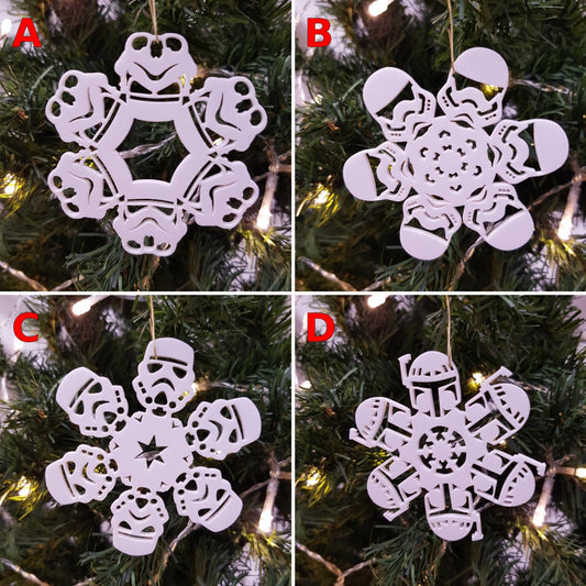 Christmas Snowflake Decorations Star Wars Inspired. White Acrylic, Various Designs. Laser Cut.