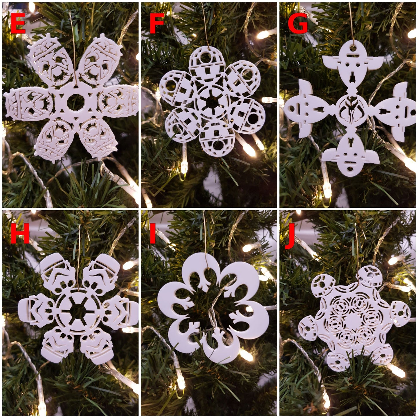 Christmas Snowflake Decorations Star Wars Inspired. White Acrylic, Various Designs. Laser Cut.