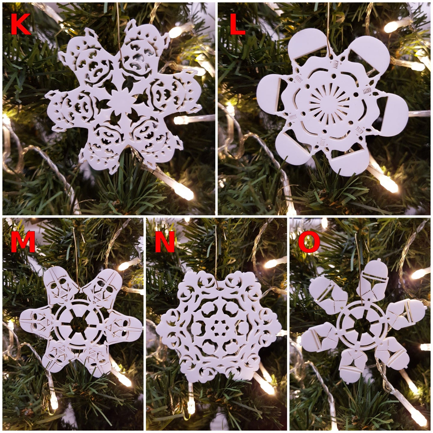 Christmas Snowflake Decorations Star Wars Inspired. White Acrylic, Various Designs. Laser Cut.
