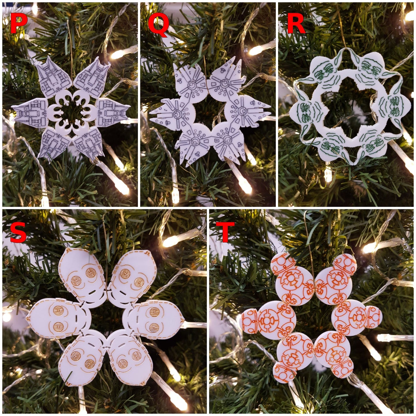 Christmas Snowflake Decorations Star Wars Inspired. White Acrylic, Various Designs. Laser Cut.